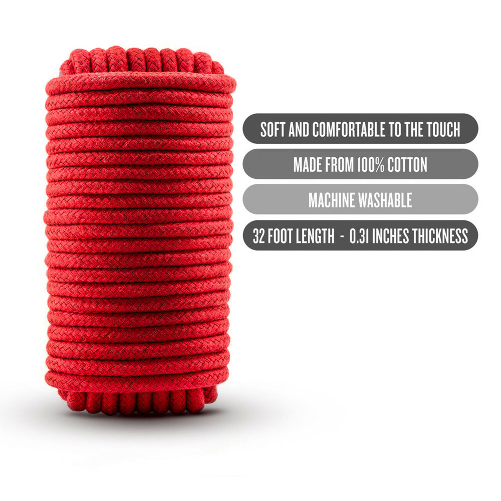 Blush Temptasia Bondage Rope 32ft Cotton Red rolled display with features on cotton and length.