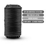 Temptasia 32 Foot Cotton Bondage Rope Black rolled with information highlights on comfort and washability.