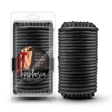 Temptasia 32 Foot Cotton Bondage Rope Black in packaging, showcasing soft, durable cotton for sensual restraint.