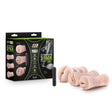 M For Men 3 Pack Self-lubricating Vibrating Stroker Sleeve Kit Vanilla with three sleeves and a vibrating device.