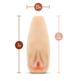 M Elite Soft And Wet Natasha Masturbator Beige dimensions: 2.5 in wide, 7 in long, realistic design for hands-on pleasure.