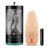 M Elite Soft And Wet Natasha Masturbator Beige in packaging with a realistic stroker, designed for lifelike pleasure.