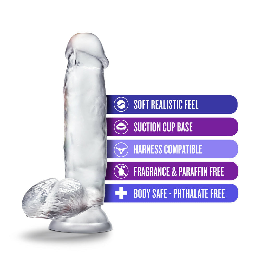 B Yours Diamond Gleam 7 Inch Suction Cup Dildo Clear features a realistic design with a soft feel and sturdy suction cup base.