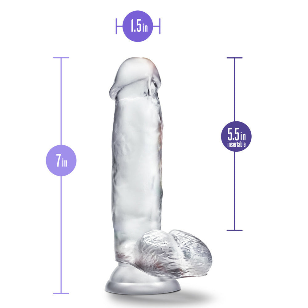 B Yours Diamond Gleam 7 Inch Suction Cup Dildo Clear with dimensions 7 inches tall, 1.5 inches wide, and 5.5 insertable.