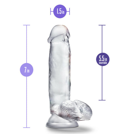 B Yours Diamond Gleam 7 Inch Suction Cup Dildo Clear with dimensions 7 inches tall, 1.5 inches wide, and 5.5 insertable.