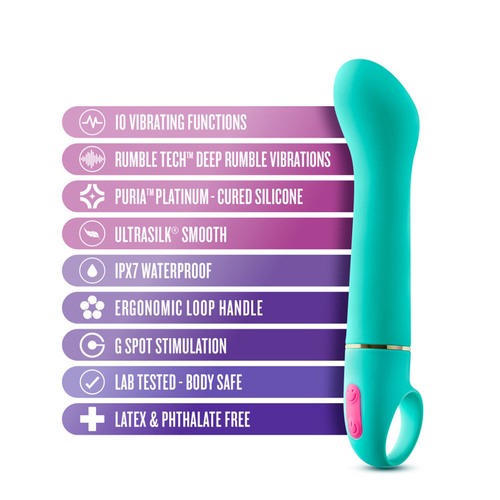 Blush Aria Flirty AF G-Spot Vibrator Teal features 10 vibrating functions, waterproof design, and ergonomic loop handle.