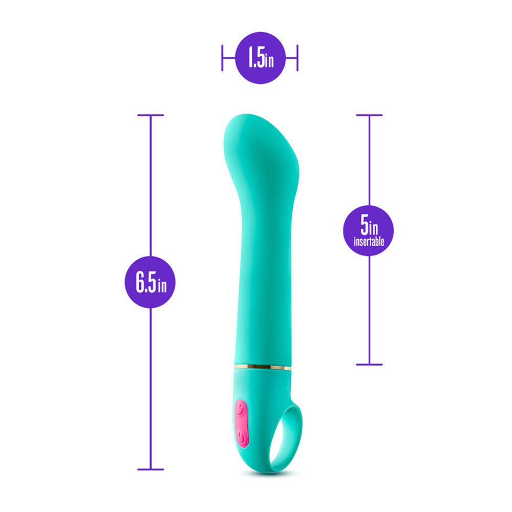 Blush Aria Flirty AF G-Spot Vibrator Teal with dimensions: 1.5in width, 6.5in length, 5in insertable.
