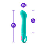 Blush Aria Flirty AF G-Spot Vibrator Teal with dimensions: 1.5in width, 6.5in length, 5in insertable.