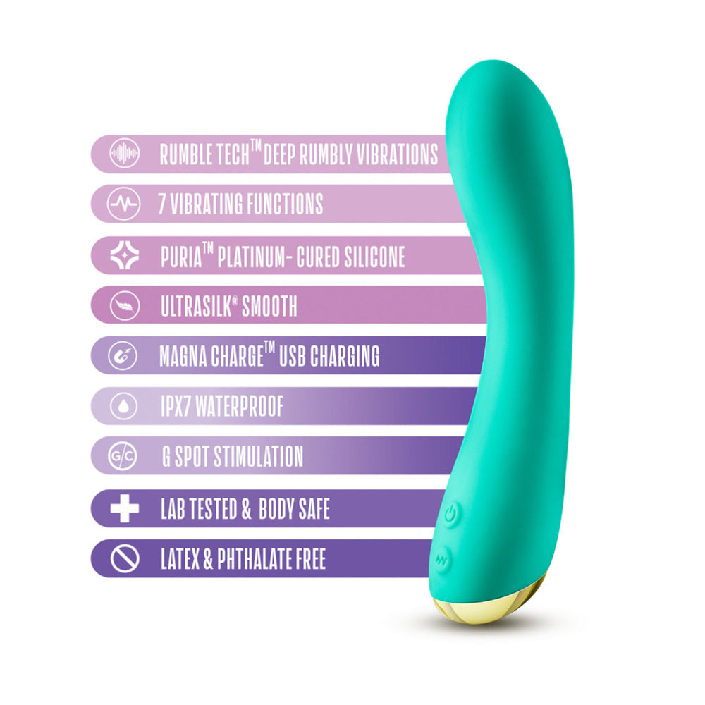 Aria Luscious AF Silicone G-Spot Vibrator Teal showcasing features like Rumble Tech vibrations and smooth silicone