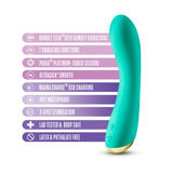 Aria Luscious AF Silicone G-Spot Vibrator Teal showcasing features like Rumble Tech vibrations and smooth silicone