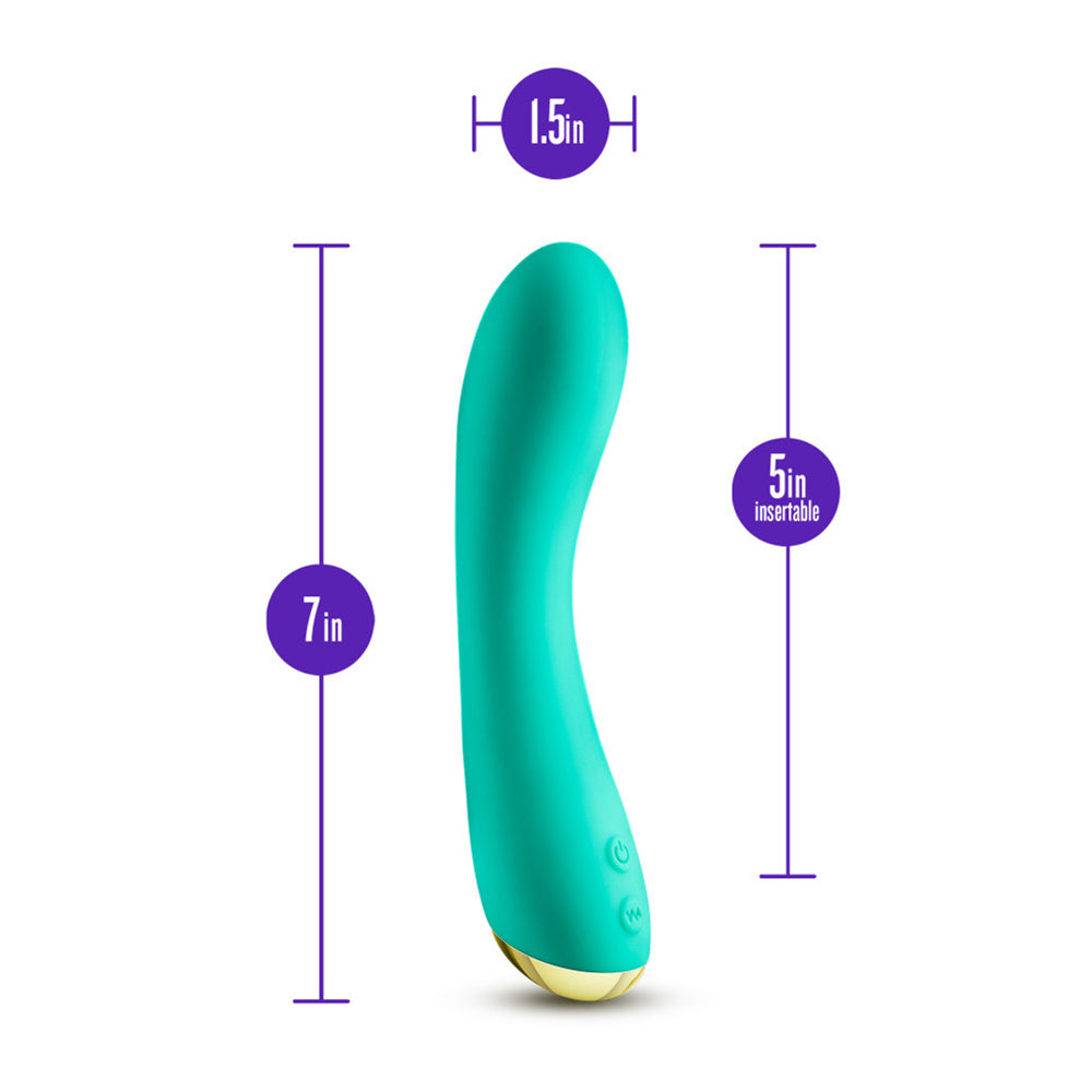 Aria Luscious AF Silicone G-Spot Vibrator Teal with dimensions 7in length and 1.5in width, 5in insertable.