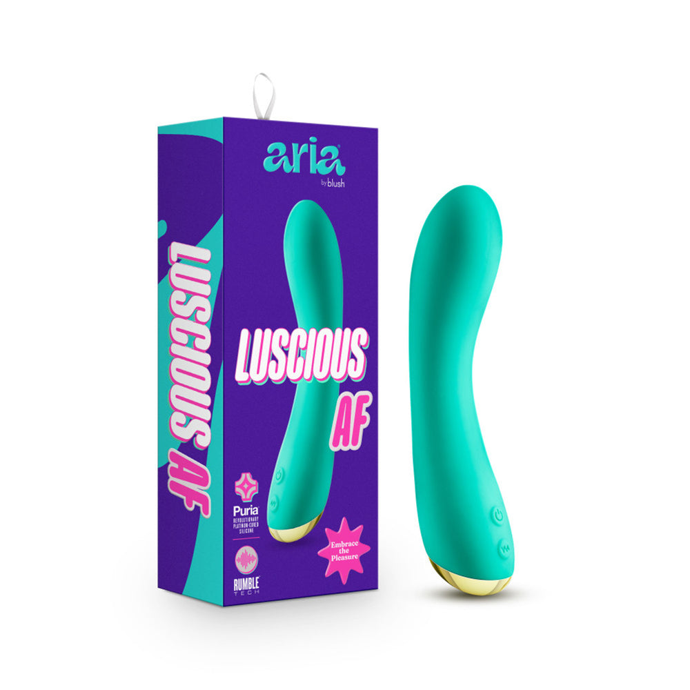 Aria Luscious AF Silicone G-Spot Vibrator Teal with elegant packaging and gentle curve for pleasurable internal play.