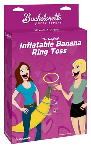 Bachelorette Party Favors Inflatable Banana Ring Toss packaging featuring two animated women playing the game.