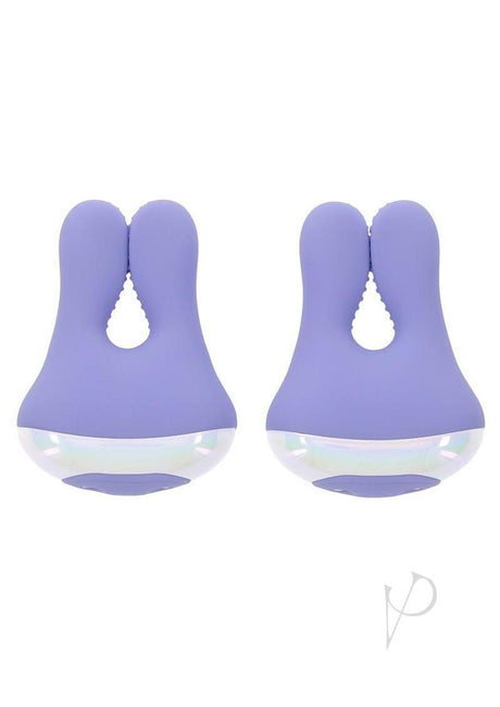 Playboy In A Pinch Nipple Clamps Purple silicone bunny-shaped nipple clamps for playful stimulation.