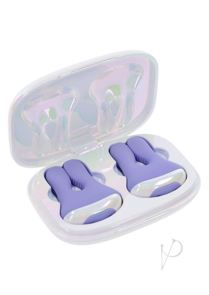 Playboy In A Pinch Nipple Clamps Purple displayed in a sleek case, showcasing playful bunny design and soft silicone.