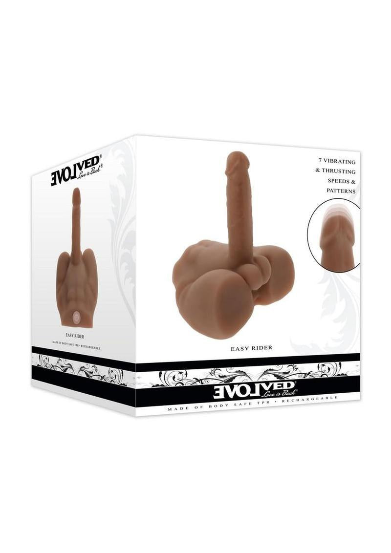 Easy Rider Thrusting Rechargeable Vibrator Chocolate packaging featuring 7 vibrating and thrusting speeds.