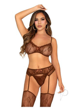 Leg Avenue 3 Piece Lace Bra Garter Set Cocoa O/S featuring a model in a lace bra, garter belt, and stockings.