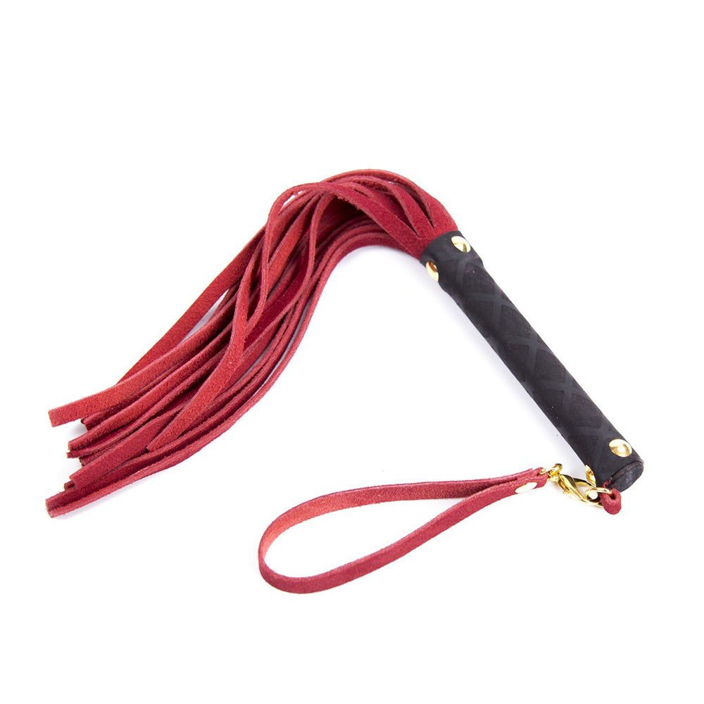 Ple'sur 11 Inch Mini Leather Flogger Red with suede tails and pro handle for impact play.