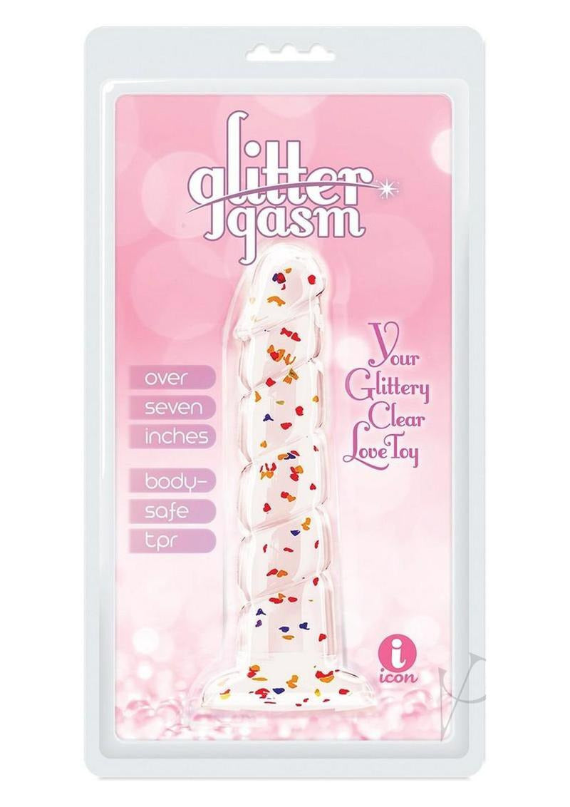 Glittergasm Swirl Clear Dildo with Suction Cup in packaging on a pink background, showcasing its glittery design.