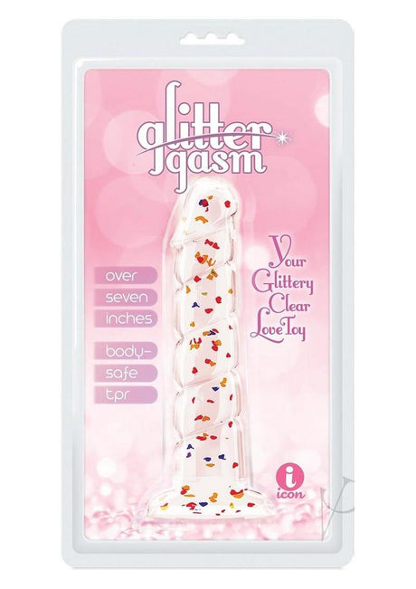 Glittergasm Swirl Clear Dildo with Suction Cup in packaging on a pink background, showcasing its glittery design.