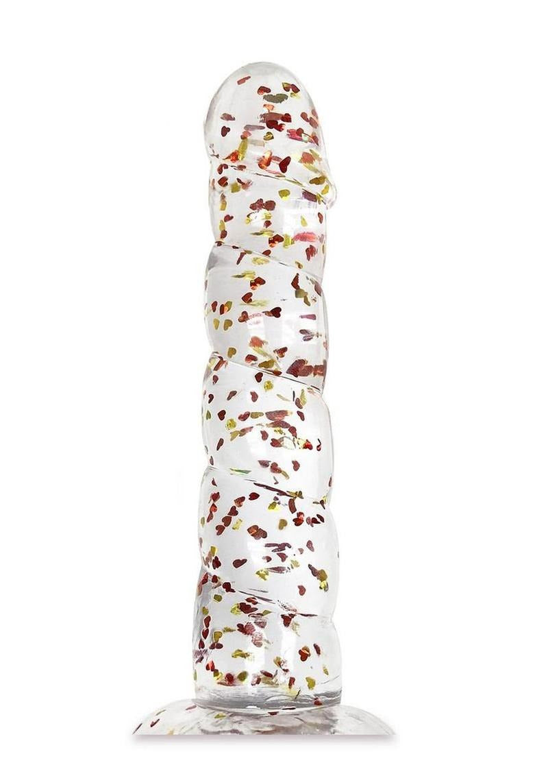 Glittergasm Swirl Clear Dildo with Suction Cup featuring metallic red, orange, and gold glitter in a crystal-clear design.