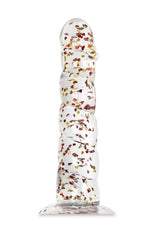 Glittergasm Swirl Clear Dildo with Suction Cup featuring metallic red, orange, and gold glitter in a crystal-clear design.