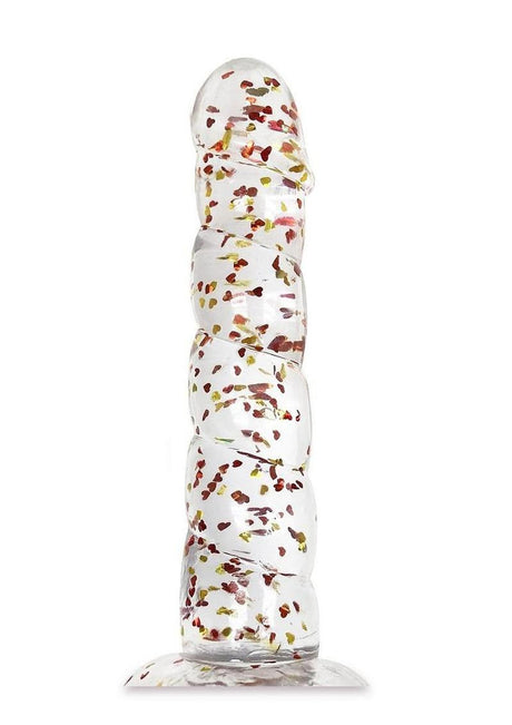 Glittergasm Swirl Clear Dildo with Suction Cup featuring metallic red, orange, and gold glitter in a crystal-clear design.