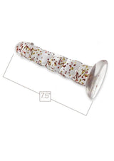 Glittergasm Swirl Clear Dildo with Suction Cup measuring 7.5 inches, featuring shimmering metallic glitter.