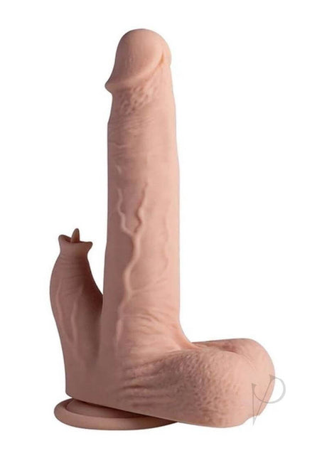Colter 8.5 Inch App Controlled Thrusting Dildo Caramel with suction cup base, realistic veined shaft, and playful testicles.