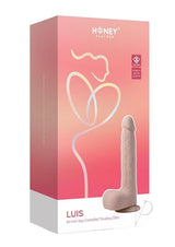 Luis App Controlled Thrusting Dildo Clit Licker Caramel product packaging with a lifelike design and features.