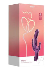 Packaging of the Trilux Kinky Finger Silicone Rabbit Vibrator Purple showcasing its sleek design and app-controlled features.