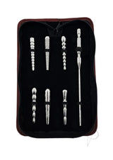 Rouge Stainless Steel Penis Plug Set with Handle Silver displayed in a case with six interchangeable shafts for urethral play.