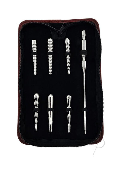 Rouge Stainless Steel Penis Plug Set with Handle Silver displayed in a case with six interchangeable shafts for urethral play.