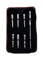 Rouge Stainless Steel Penis Plug Set with Handle Silver displayed in a case with six interchangeable shafts for urethral play.