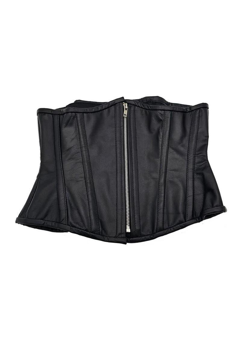 Rouge Leather Corset Large Extra Large Black, a stylish boned leather corset with a zipper front and hourglass shape.