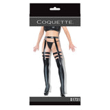 Coquette Thigh-High Wetlook Stockings with Garters Black Queen Size Boxed