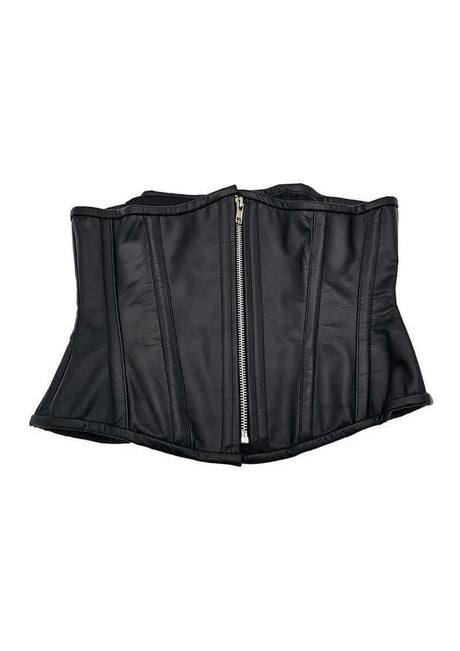 Rouge Leather Corset Small Medium Black displayed from the front, featuring structured boning and a zipper closure.
