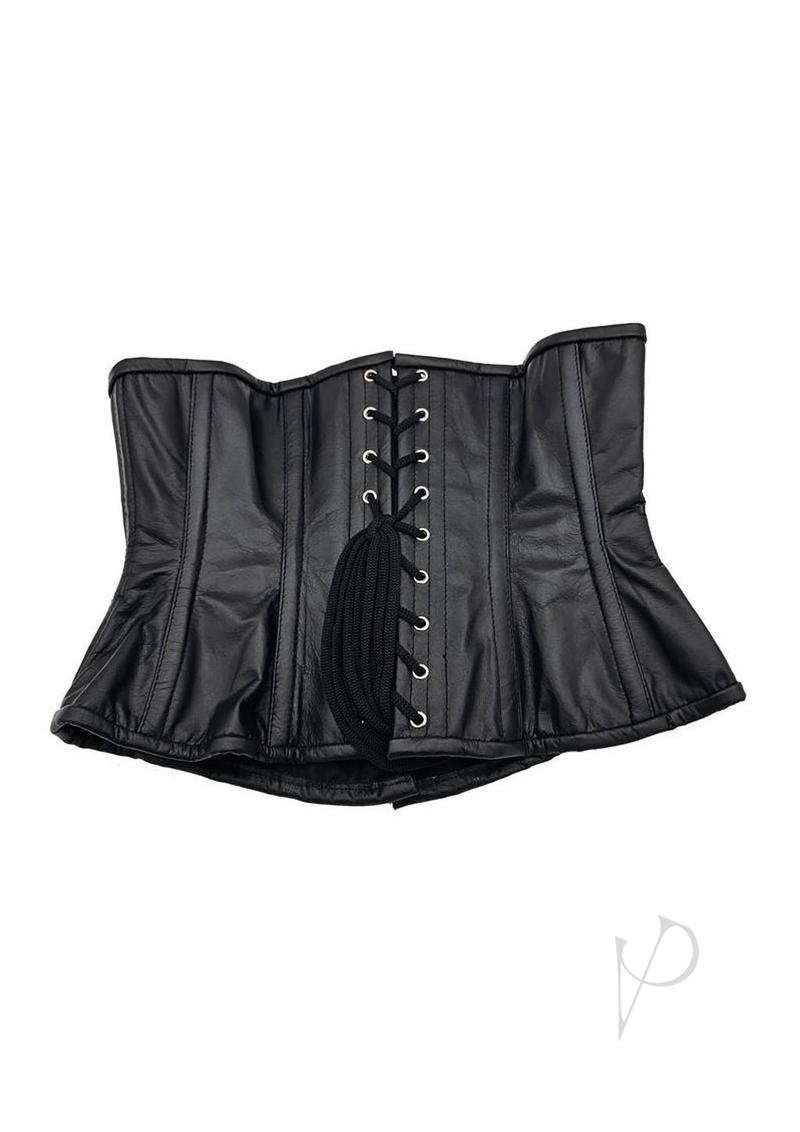 Rouge Leather Corset Small Medium Black featuring structured boning and lace-up front for a stylish silhouette.