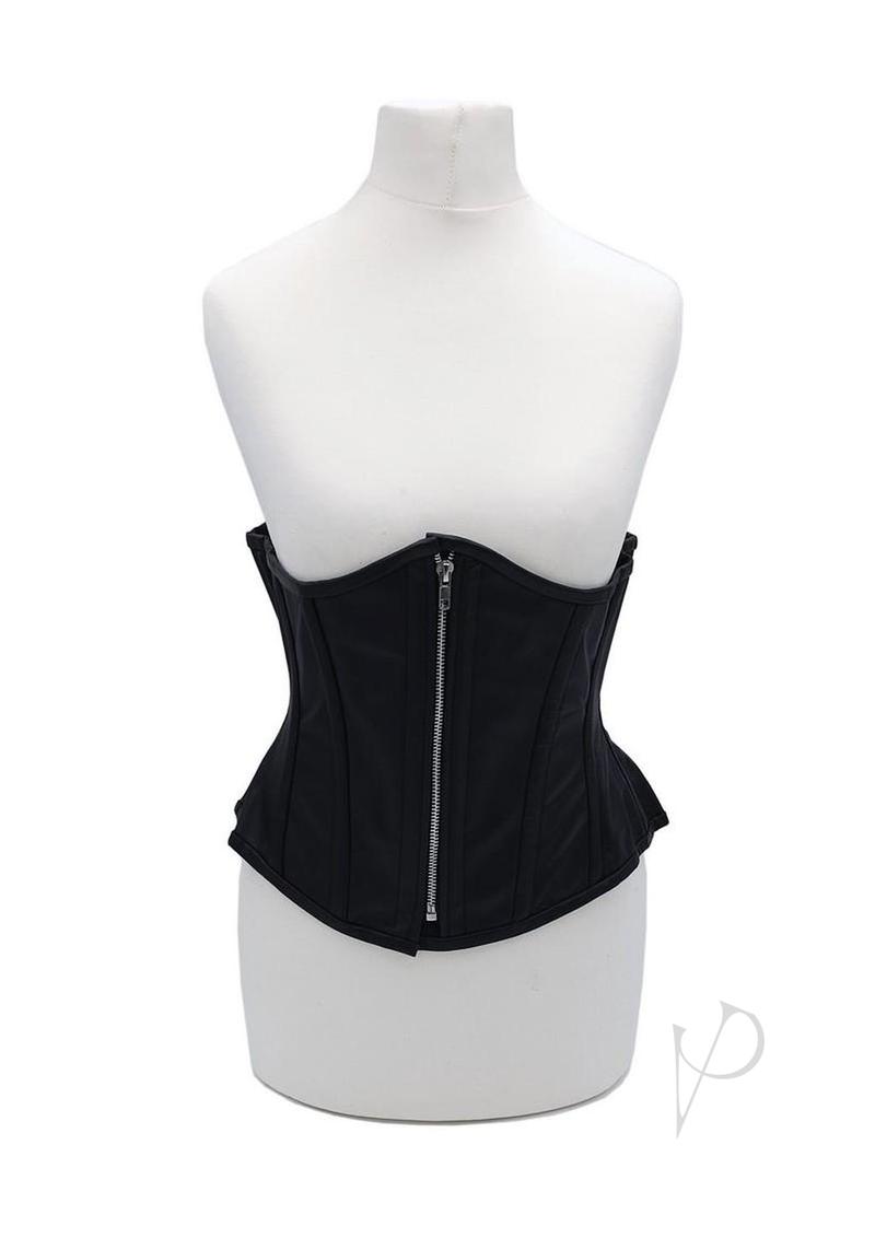 Rouge Leather Corset Small Medium Black displayed on a mannequin, featuring structured boning and a zipper closure.