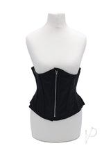 Rouge Leather Corset Small Medium Black displayed on a mannequin, featuring structured boning and a zipper closure.
