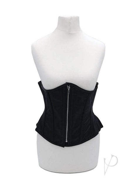 Rouge Leather Corset Small Medium Black displayed on a mannequin, featuring structured boning and a zipper closure.