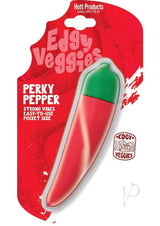 Edgy Veggies Perky Pepper Silicone Vibrator Red Green in packaging, bright red and green design, playful and compact.