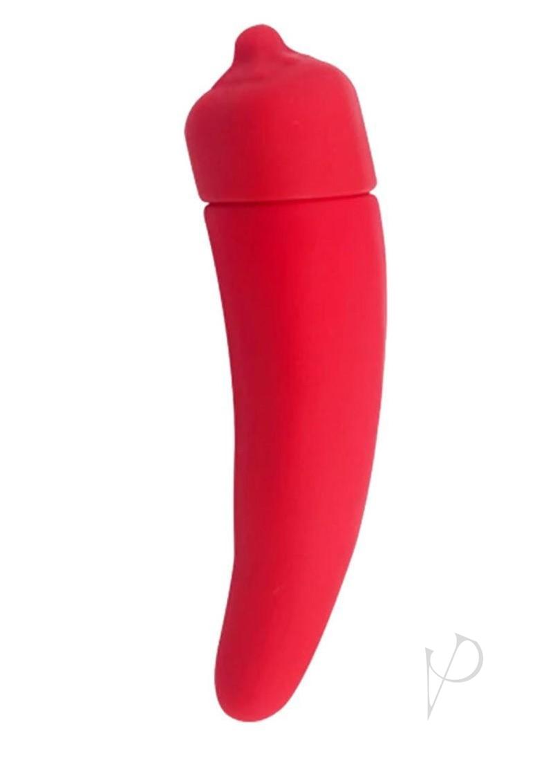 Edgy Veggies Perky Pepper Silicone Vibrator Red Green in a playful red chili pepper shape for intimate fun.