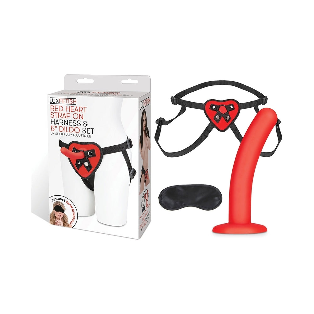 Lux Fetish Red Heart Strap-On Harness & 5 inches Dildo Set
