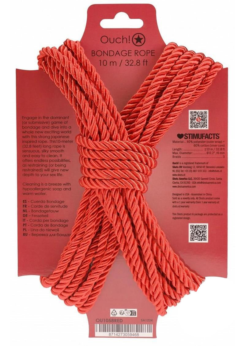 Ouch Bondage Rope 10 Meter Nylon Red packaging with details, highlighting its flexibility and cleaning features.