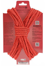 Ouch Bondage Rope 10 Meter Nylon Red packaging with details, highlighting its flexibility and cleaning features.
