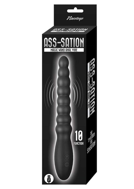Ass-Sation Magic Wand Silicone Anal Vibrator Black packaging displaying 10 function settings and softly ribbed design.