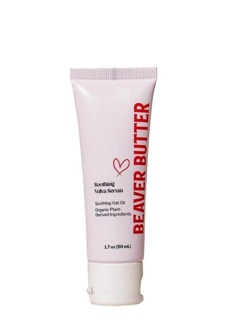Beaver Butter Vulva Soothing Serum 50 ml in a tube, designed for calming and hydrating delicate skin.