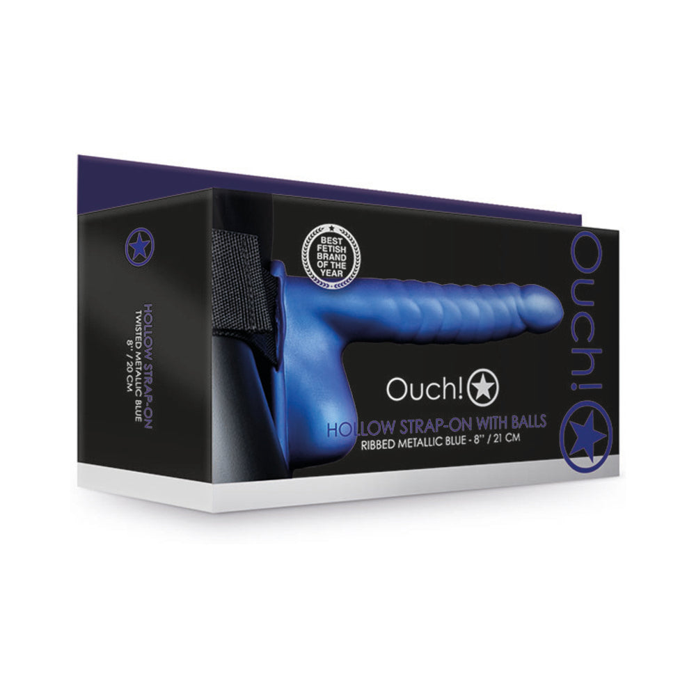 Ouch! Ribbed 8 inches Hollow Strap-On with Balls Metallic Blue