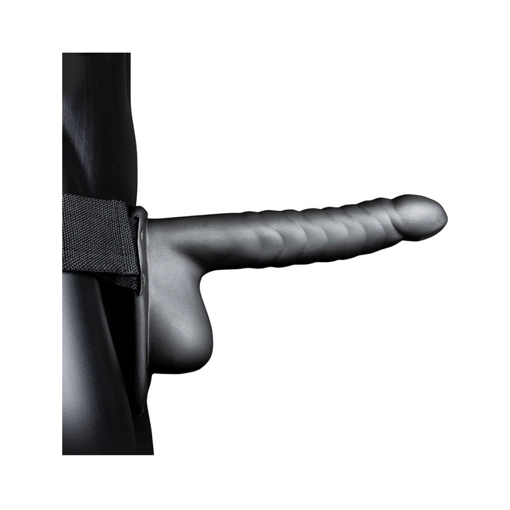 Ouch! Ribbed 8 inches Hollow Strap-On with Balls Gunmetal